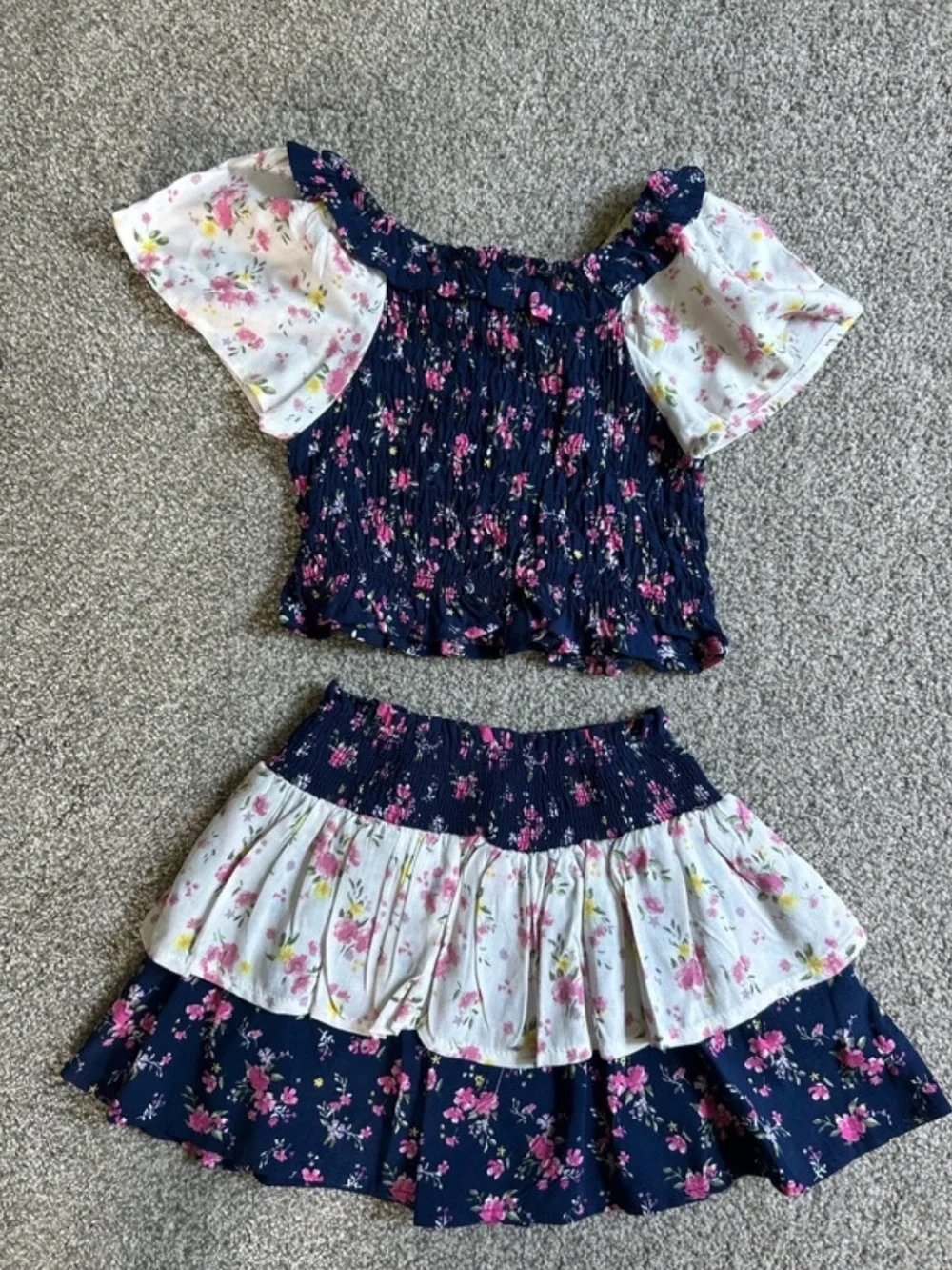 Girls Navy Floral Smocked Ruffle Rayon Set